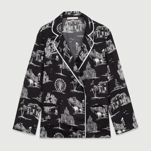 Maje Cena Black Printed Piped Satin Shirt Size 3 Long Sleeve Viscose Jacket Top